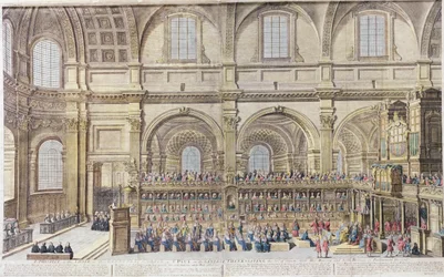 A Prospect of the Choir of the Cathedral Church of St. Paul, on the General Thanksgiving, the 31st of December 1706. Her Majesty and both Houses of Parliament present